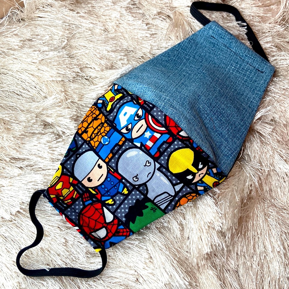 Hand Made DC superheroes print and denim face mask, M/L